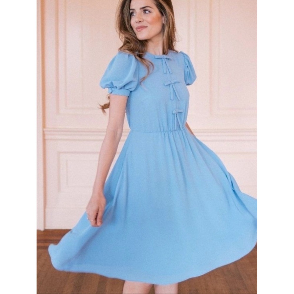 Gal Meets Glam Ellie Crepe Dress Blue Puff Sleeve Bow Detail Size 12